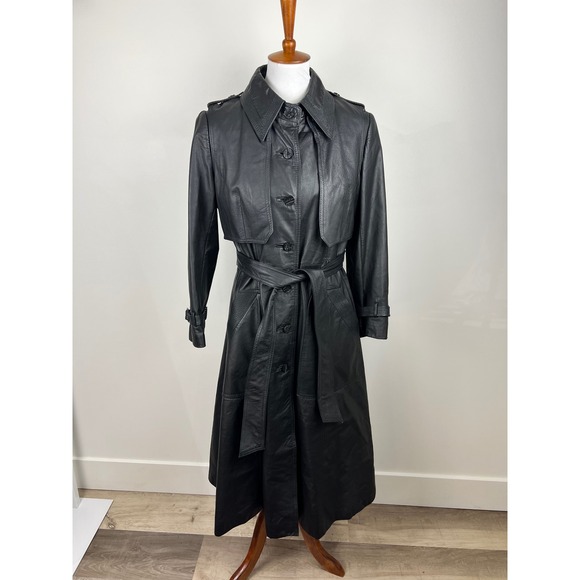 Vintage 80s Matrix Vampire Goth Long Leather Trench Coat Belted Black Korea - Picture 12 of 16